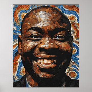 ブルーオレンジブラウングレーモザイクマン顔ウォールアート ポスター