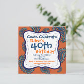 ブルーオレンジペイズリー40th誕生日パーティの招待状 招待状 (スタンド正面)