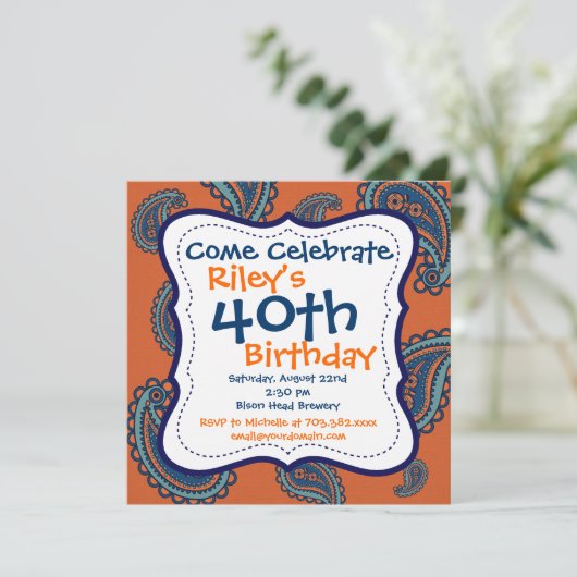 ブルーオレンジペイズリー40th誕生日パーティの招待状 招待状 (スタンド正面)