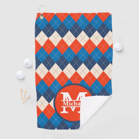 ブルーオレンジホワイトスポーティ名門私立校風のパーソナアーガイルライズ ゴルフタオル (インサイチュ)