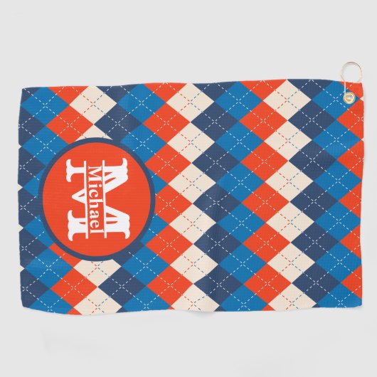 ブルーオレンジホワイトスポーティ名門私立校風のパーソナアーガイルライズ ゴルフタオル (横)