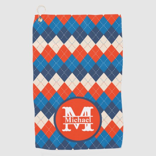 ブルーオレンジホワイトスポーティ名門私立校風のパーソナアーガイルライズ ゴルフタオル (正面)