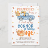 ブルーオレンジワンパンプキントラック1st誕生日 招待状 (正面)