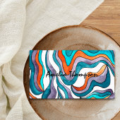 ブルーオレンジ抽象芸術波線ボーホーグルーヴィレトロ 名刺