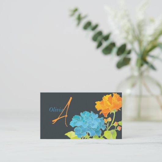 ブルーオレンジ牡丹モノグラム 名刺 (スタンド正面)