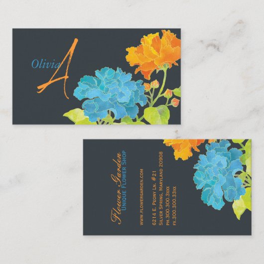 ブルーオレンジ牡丹モノグラム 名刺 (正面/裏面)