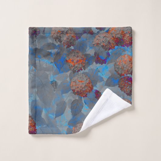 ブルーオレンジ色の花柄デジタルアート ウォッシュタオル (ウォッシュタオル)