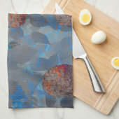 ブルーオレンジ色の花柄デジタルアート キッチンタオル (四つ折り)