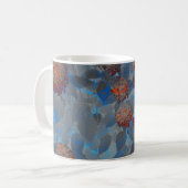 ブルーオレンジ色の花柄デジタルアート コーヒーマグカップ (正面左)