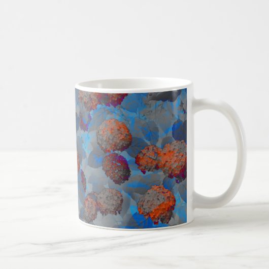 ブルーオレンジ色の花柄デジタルアート コーヒーマグカップ (右)