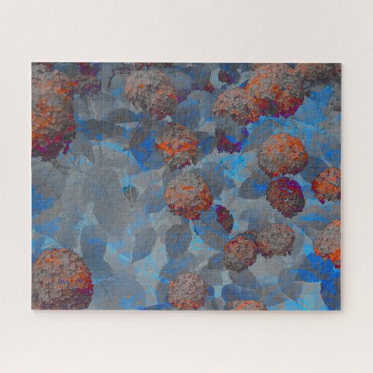 ブルーオレンジ色の花柄デジタルアート ジグソーパズル (横)