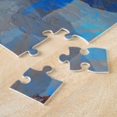 ブルーオレンジ色の花柄デジタルアート ジグソーパズル (側面)