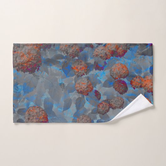 ブルーオレンジ色の花柄デジタルアート ハンドタオル (ハンドタオル)