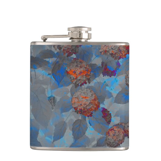 ブルーオレンジ色の花柄デジタルアート フラスク (正面)
