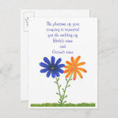 ブルーオレンジ色の花結婚式招待状はがき インビテーションポストカード (正面/裏面)