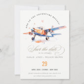 ブルーオレンジ赤面ウォーターカラーエア飛行機結婚ズ セーブザデート (正面)