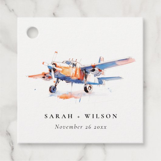 ブルーオレンジ赤面ウォーターカラーエア飛行機結婚ズ フェイバータグ (正面)