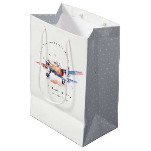 ブルーオレンジ赤面ウォーターカラーエア飛行機結婚ズ ミディアムペーパーバッグ (正面アングル)