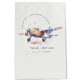 ブルーオレンジ赤面ウォーターカラーエア飛行機結婚ズ ミディアムペーパーバッグ (正面)