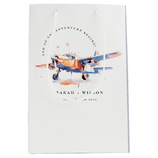 ブルーオレンジ赤面ウォーターカラーエア飛行機結婚ズ ミディアムペーパーバッグ (正面)