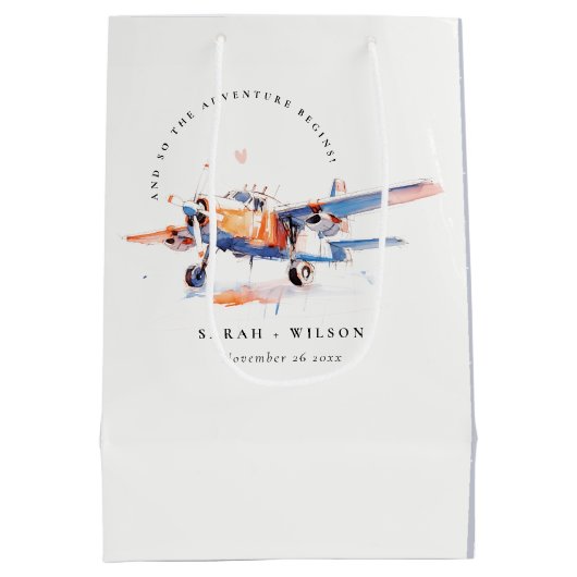 ブルーオレンジ赤面ウォーターカラーエア飛行機結婚ズ ミディアムペーパーバッグ (裏面)