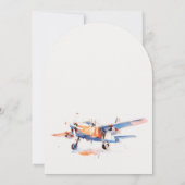 ブルーオレンジ赤面ウォーターカラーエア飛行機結婚ズ 招待状 (裏面)
