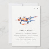 ブルーオレンジ赤面ウォーターカラーエア飛行機結婚ズ 招待状 (正面)