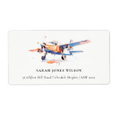 ブルーオレンジ赤面水彩空気飛行機アドレス ラベル (正面)