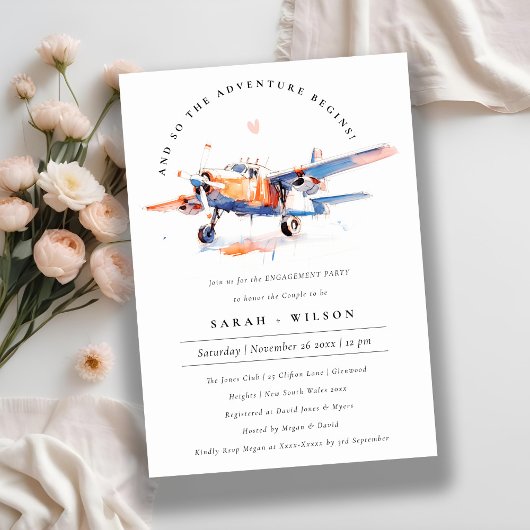 ブルーオレンジ赤面水彩飛行機婚約 招待状