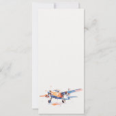 ブルーオレンジ赤面水彩飛行機結婚のメニュー 招待状 (裏面)
