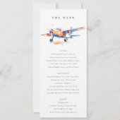 ブルーオレンジ赤面水彩飛行機結婚のメニュー 招待状 (正面)