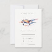 ブルーオレンジ赤面水彩飛行機結婚ズ 出欠カード (正面)