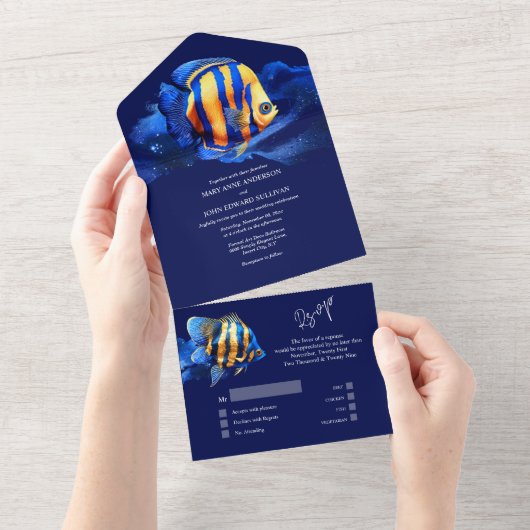 ブルーオレンジ金ゴールドサンゴ礁コーラルフィッシュ水中ビーチ オールインワン招待状 (貼ってはがせる)