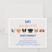 ブルーオレンジ レッツパーティー 子犬の男の子 誕生日パーティー 招待状 (正面/裏面)