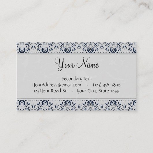 ブルーオンシルバーダマスクとネイビーストライプズとモノグラム 名刺 (正面)