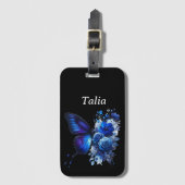 ブルーオンブラックフローラバタフライパーソナライズされた ラゲッジタグ (正面縦)