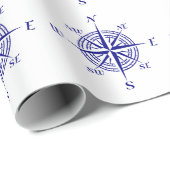 ブルーオンホワイトコースタルデコアコンパスバラパターン ラッピングペーパー (ロールコーナー)