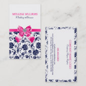 ブルーオンホワイトヴィンテージダマスクとピンクボウ 名刺 (正面/裏面)