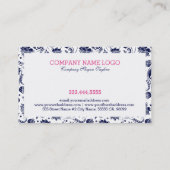 ブルーオンホワイトヴィンテージダマスクとピンクボウ 名刺 (裏面)