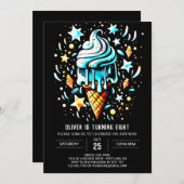 ブルーオンラインエレガントボーイアイスクリーム誕生日 招待状 (正面/裏面)