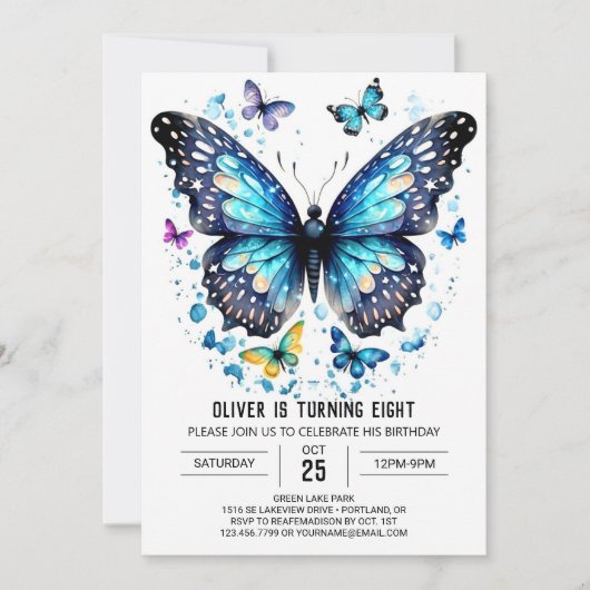 ブルーオンラインバタフライボーイ誕生日 招待状 (正面)
