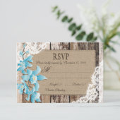 ブルーオーキッドフラワーズウッドレース素朴RSVPカード 出欠カード (スタンド正面)