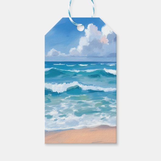 ブルーオーシャンウェーブ | ビーチ 海 ウォーターカラー ギフトタグ (正面)