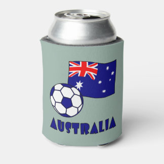 ブルーオーストラリアサッカーボール国旗の緑の背景 缶クーラー