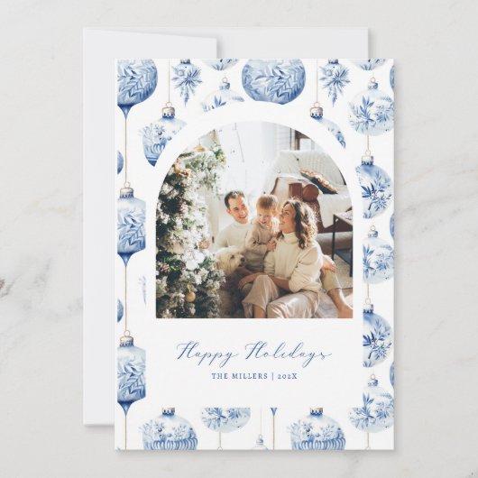 ブルーオーナメントアーチフォトホリデークリスマスカード シーズンカード (正面)