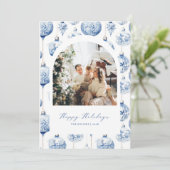 ブルーオーナメントアーチフォトホリデークリスマスカード シーズンカード (スタンド正面)