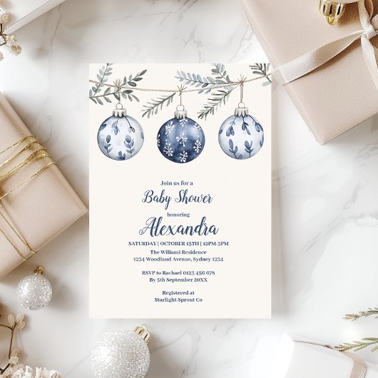 ブルーオーナメントガーランドベビーシャワー 招待状