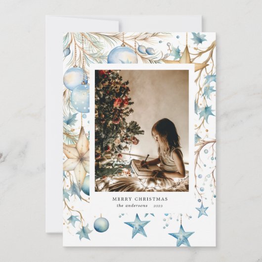 ブルーオーナメントスターズフォトホリデーカード シーズンカード (正面)