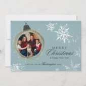 ブルーオーナメントファミリークリスマスフォトスノーフレーク シーズンカード (正面)