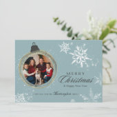 ブルーオーナメントファミリークリスマスフォトスノーフレーク シーズンカード (スタンド正面)